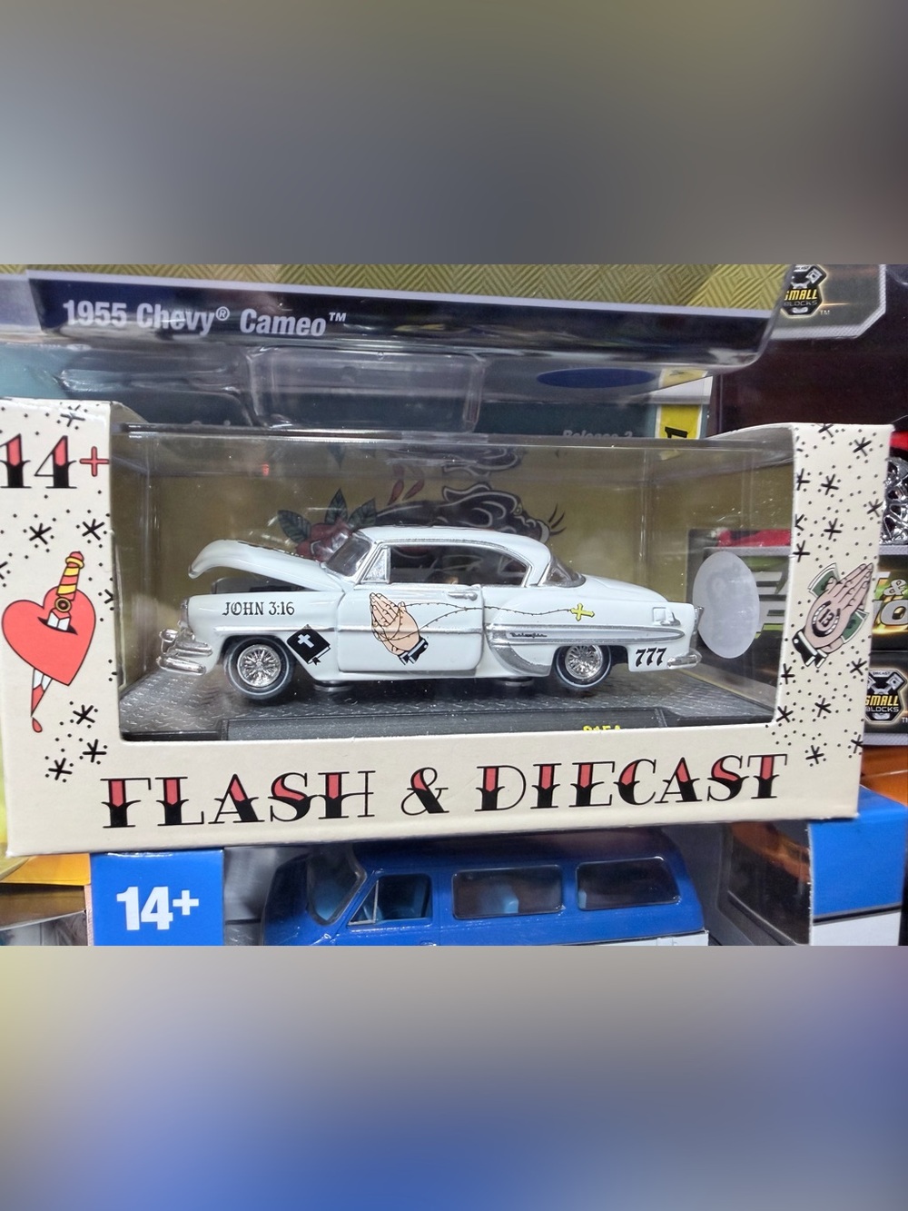 Cameo White Die-Cast Classic Car Toy with Religious Decals